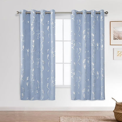 BUHUA Blue Blackout Curtain 2 Panel Set Vine Foil Print Thermal Insulated - Image 2