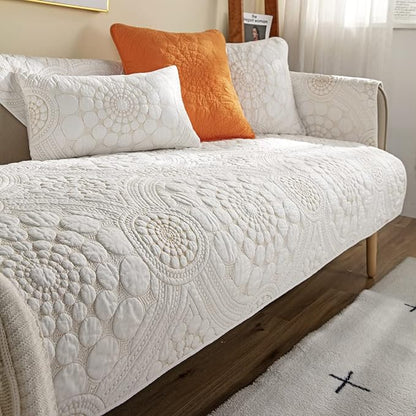 vctops Boho Circle Embroidery Couch Sofa Cover Solid Color Cotton Quilted by vctops