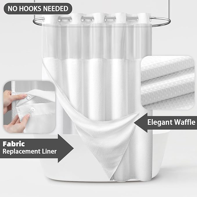 White Shower Curtain and Liner Set, 230GSM Waffle Weave Textured Heavy Duty - Image 5