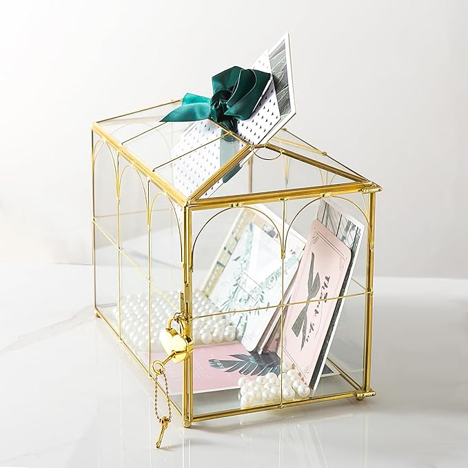 Glass Wedding Card Box with Slot, 10.2'' Large Clear Card Box Gold Brass Gift - Image 7