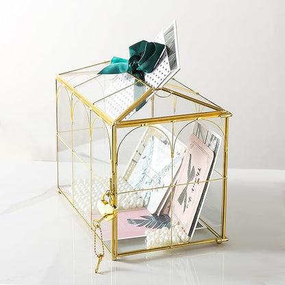 Glass Wedding Card Box with Slot, 10.2'' Large Clear Card Box Gold Brass Gift - Image 7