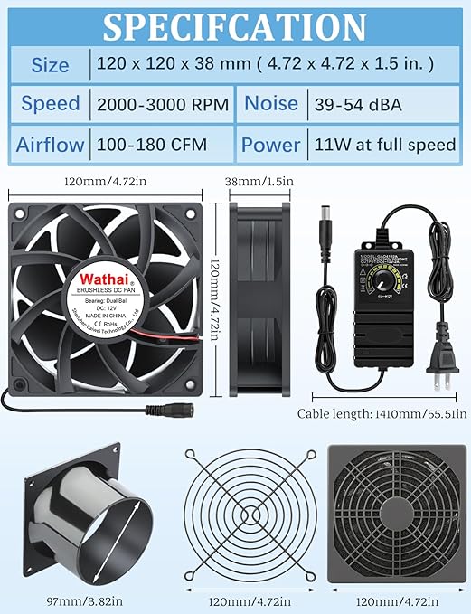 Wathai 120mm x 38mm 12V 4 Inch Small Exhaust Fan - Image 2