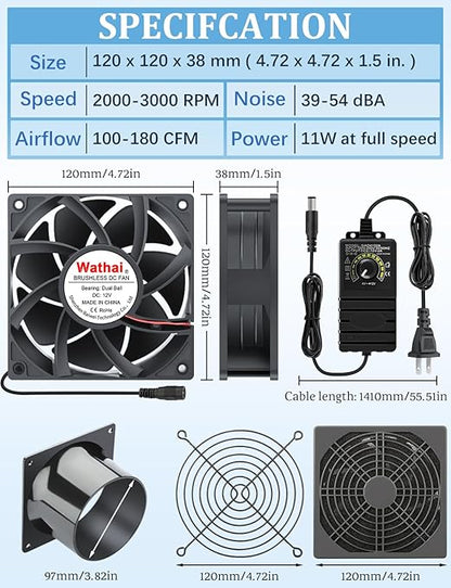 Wathai 120mm x 38mm 12V 4 Inch Small Exhaust Fan - Image 2