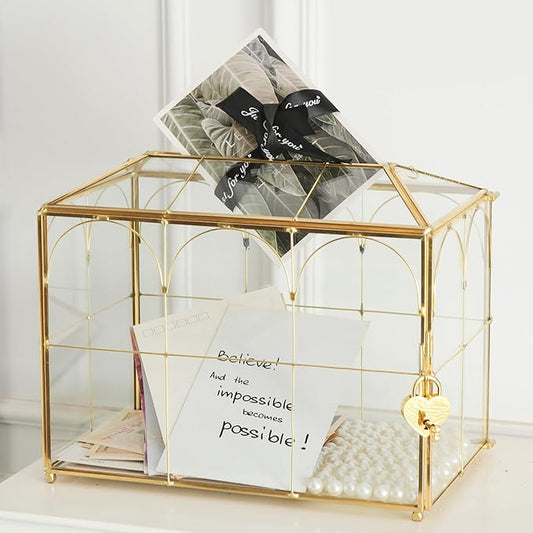 Glass Card Box with Slot, 10.2 inch Large Gold Clear Card Box by Giadun