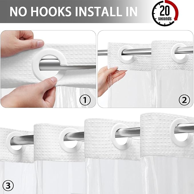 No Hook Shower Curtain with Fabric Liner White Hotel Waffle 75" L x 72" W - Image 3