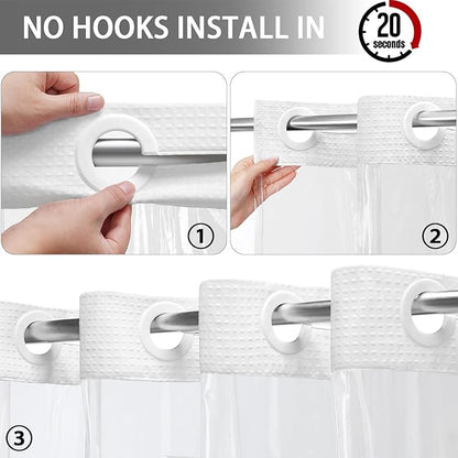 No Hook Shower Curtain with Fabric Liner White Hotel Waffle 75" L x 72" W - Image 3