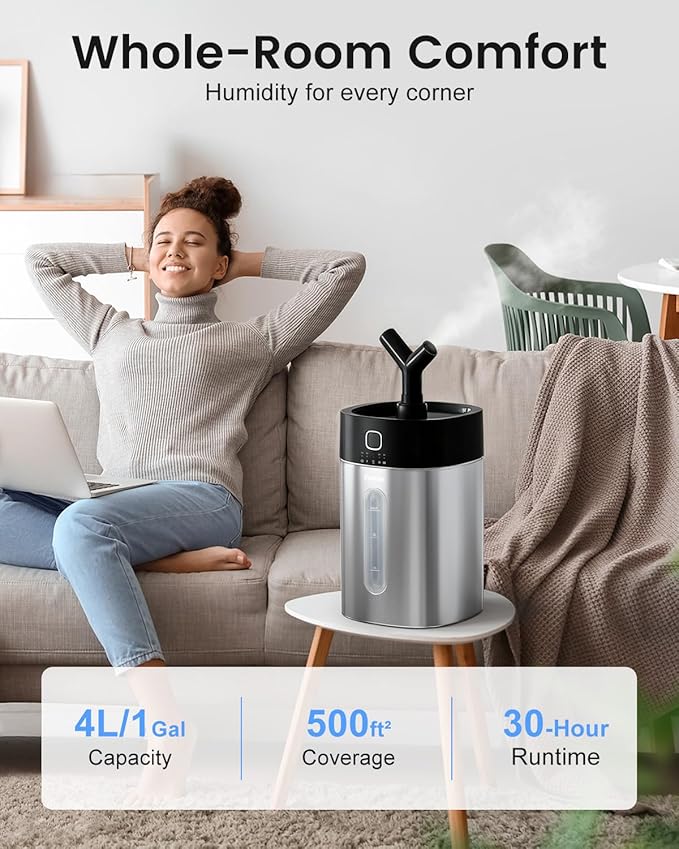 Feekaa Stainless Steel Humidifier Dishwasher Safe, 4L/1Gal Cool Mist Humidifiers - Image 3