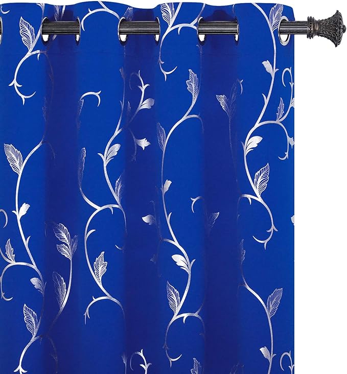 BUHUA Royal Blue Foil Print Flower Vine Design Grommet Curtains Thermal - Image 9