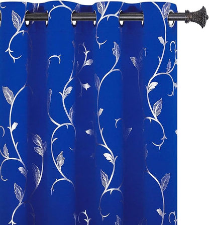 BUHUA Royal Blue Foil Print Flower Vine Design Grommet Curtains Thermal - Image 9