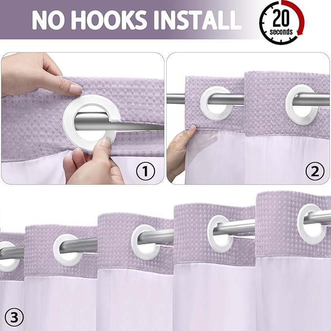 No Hook Shower Curtain and Liner Set, Lavender Hotel Waffle Shower Curtain - Image 2