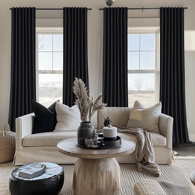 Room Darkening Black Curtains 108 Inches Long 2 Panels, 9ft Neutral Curtains - Image 7