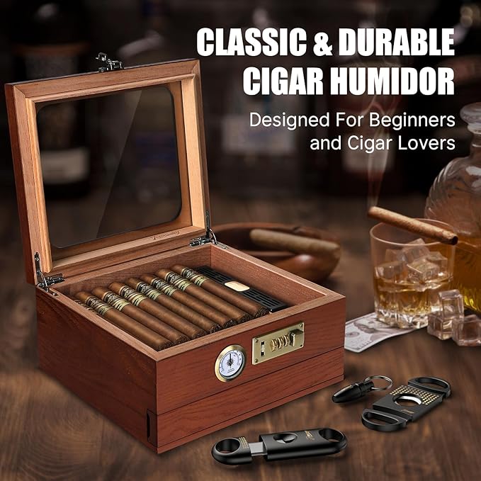 Cigar Humidor, Cedar Wood Humidor Cigar Box, Glass Top Desktop Humidor - Image 7