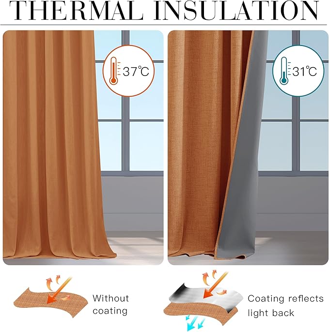 RYB HOME Burnt Orange Total Blackout Curtains Linen Texture, Rustic Fall - Image 6
