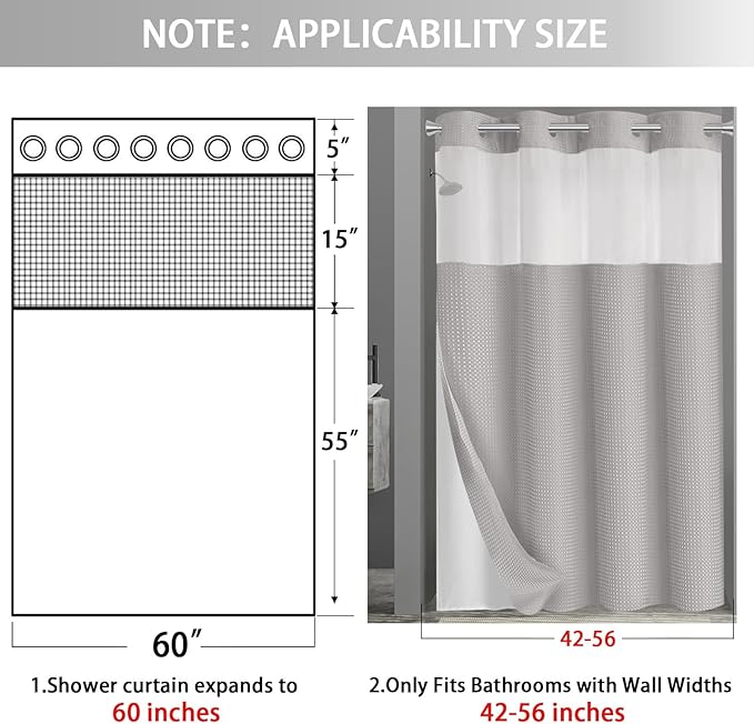 No Hook Shower Curtain and Liner Set, Light Grey Hotel Waffle Shower Curtain - Image 6