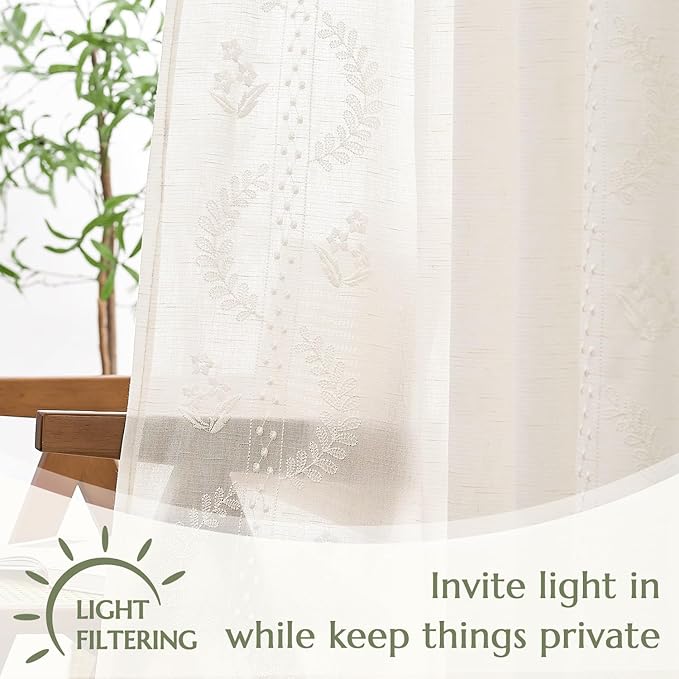 jinchan Belrose Linen Curtains for Bedroom Floral Curtains 96 Inch Length Linen - Image 5