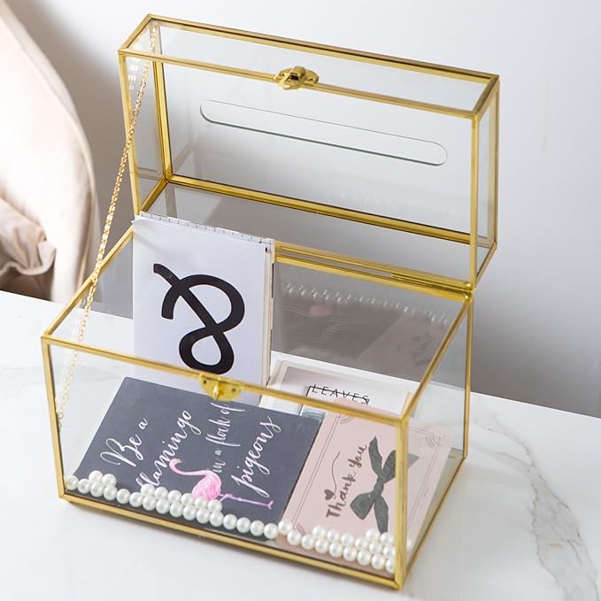 Glass Wedding Card Box with Slot and Lock, Large Clear Card Box Gold Brass Gift - Image 3