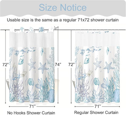No Hook Shower Curtain with Snap in Liner, Beach Ocean Nautical Coastal Shower - Image 8