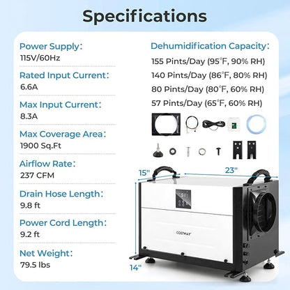 COSTWAY 155 PPD Commercial Dehumidifier, 1900 Sq.Ft Crawl Space Dehumidifier - Image 8