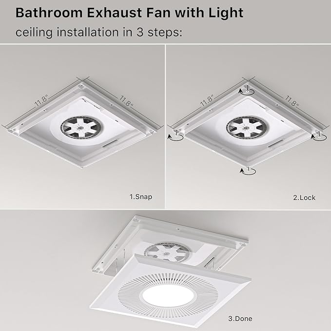 Bathroom Exhaust Fan with Light 11.8IN 165 CFM 1.2 Sones Shower Bathroom Vent - Image 8