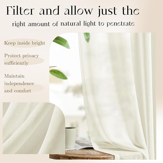 Dreaming Casa Ivory Sheer Curtains 96 Inches Long, Rod Pocket & Back Tab Light - Image 4