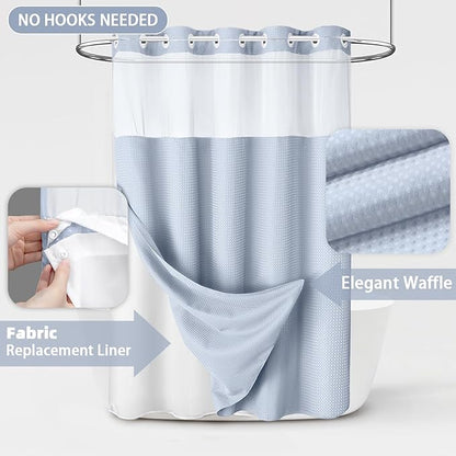 No Hook Shower Curtain and Liner Set, Mist Blue Hotel Waffle Shower Curtain - Image 3