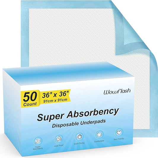 50 Count 36" x 36" Super Absorbency Disposable Underpads by Wowflash