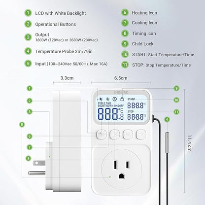 INKBIRD Plug in Thermostat 15A 1800W, Programmable Heating Cooling Digital - Image 8