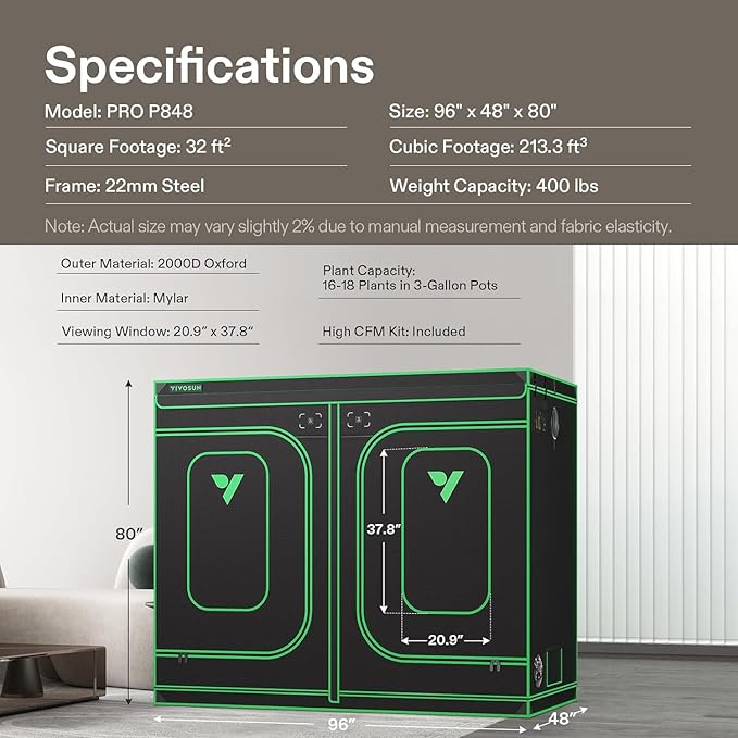 VIVOSUN PRO Grow Tent 4x8 ft, P848 Tents 96"×48"×80" - Image 9