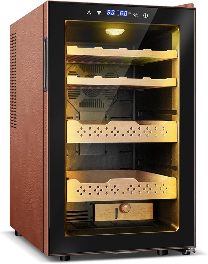 Electric Humidor with Leather-70L Cooling & Heating Humidor, Smart Touch by Velivi
