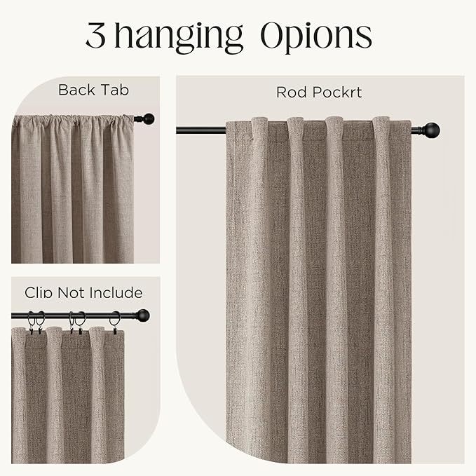 CUCRAF Natural Linen 100% Blackout Curtains 63 Inch Length 2 Panels Set - Image 2