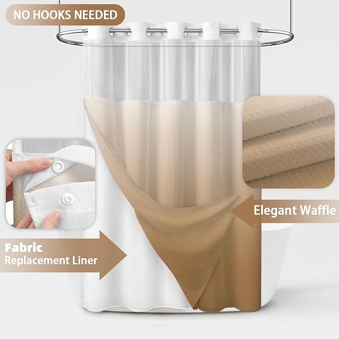 No Hook Shower Curtain and Liner Set, Ombre Beige Hotel Waffle Shower Curtain - Image 2