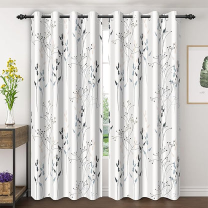 White Leaves Blackout Curtains 84 Inches, Room Darkening Curtains by Unknown