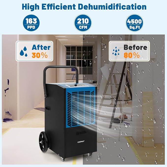 COSTWAY 163 Pints Commercial Dehumidifier, 4500 Sq.Ft Crawl Space Dehumidifier - Image 2