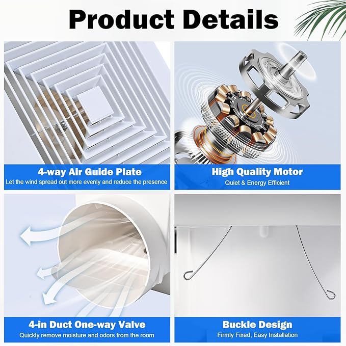 FEITON 110 CFM Bathroom Fan Exhaust Fan Ceiling Mount, 1.0 Sones, Square Quiet - Image 5