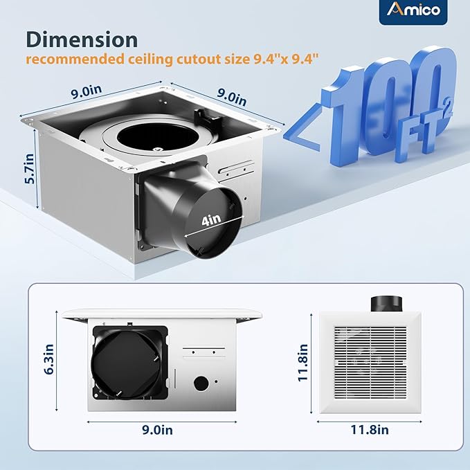 Amico Bathroom Exhaust Fan, 1.0 Sones, 110 CFM, Low Noise, Household Bath - Image 2