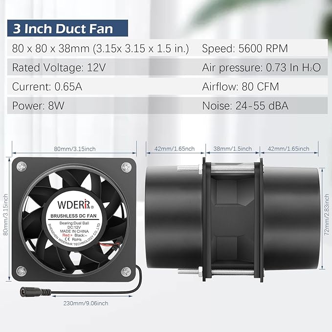 80mm x 38mm 3 Inch Air Vent Duct Booster Adjustable Speed Fan - Image 5