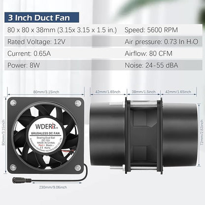80mm x 38mm 3 Inch Air Vent Duct Booster Adjustable Speed Fan - Image 5