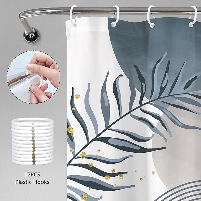 Blue Gray Boho Shower Curtain 60Wx72H Abstract Grey Bohemian Modern Leaves Mid - Image 6