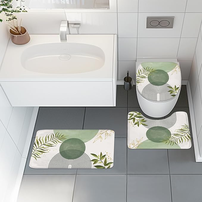 4 PCS Sage Green Boho 72Wx72H Shower Curtain Set Modern Leaves Mid Century - Image 2