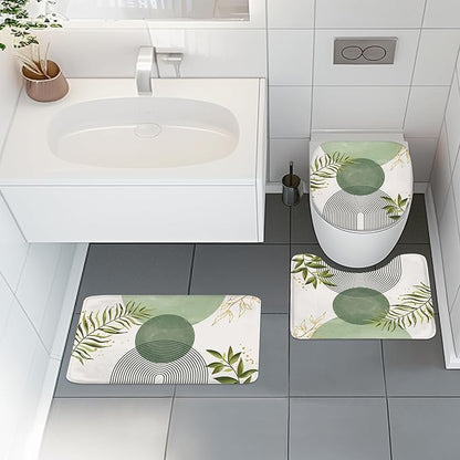 4 PCS Sage Green Boho 72Wx72H Shower Curtain Set Modern Leaves Mid Century - Image 2