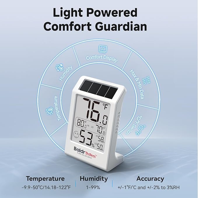 BaldrTherm Room Thermometer Indoor Humidity Meter, Solar-Powered 3.2'' Large - Image 6