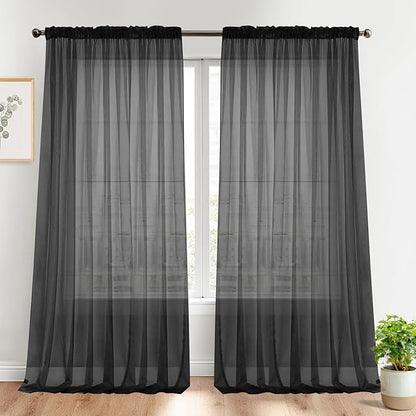 Dreaming Casa Solid Sheer Curtains 84 Inches Long Black Rod Pocket Voile by DreamingCasa