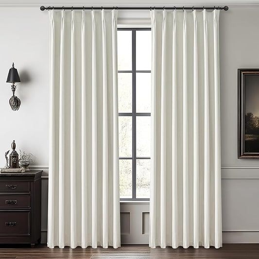 Beige White Linen Full Blackout Curtains 84 Inches Long, Viral Pinch Pleated by QJMYDECO