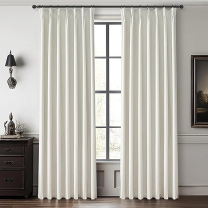 White Ivory Linen Curtains 90 Inches Long Pinch Pleated 100% Blackout Window by QJMYDECO