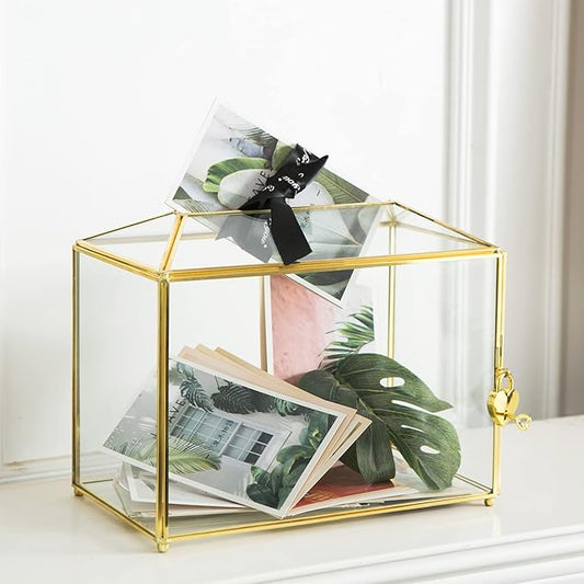 Glass Wedding Card Box with Slot, Large Clear Card Box 10.2 inch Gold Brass by Giadun