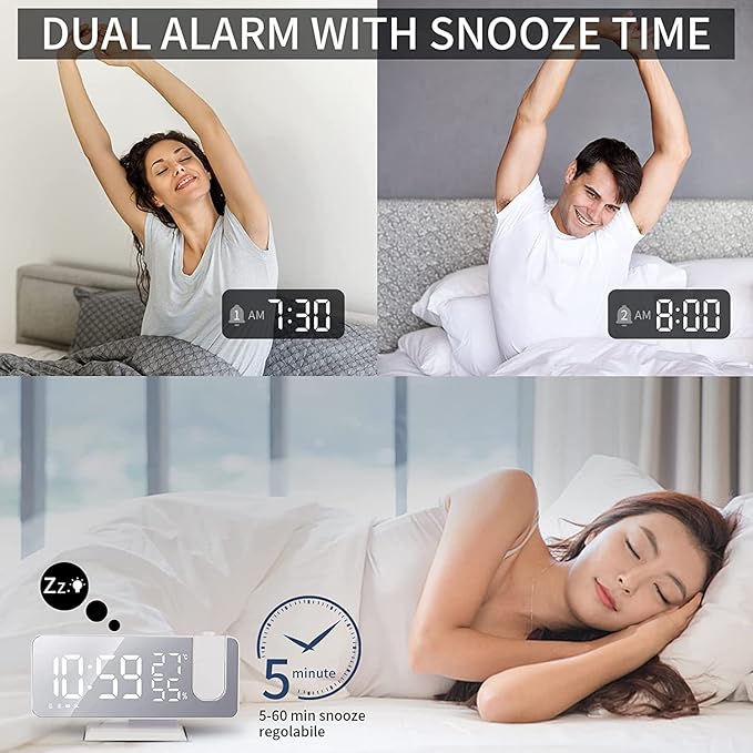 Projection Digital Alarm Clock for Bedrooms, Clock Radio on Ceiling, USB - Image 5