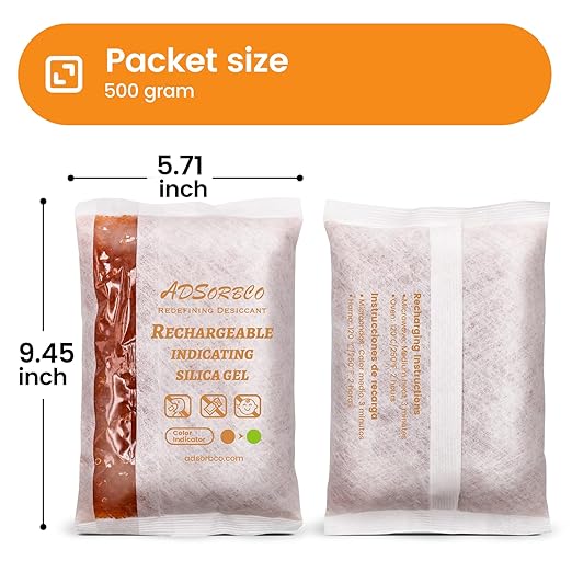 Adsorbco Rechargeable 500 Gram 2 Packs Desiccant, Indicating Silica Gel Packets - Image 2
