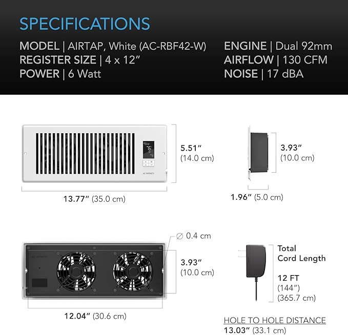 AC Infinity AIRTAP T4 White, Register Booster Fan - Image 6