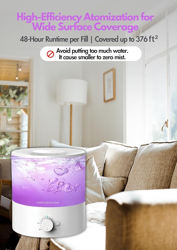 MEGAWISE Sleek 1.5L Humdifier for Bedroom, 24dB Cool Mist Ultrasonic humidifiers - Image 4