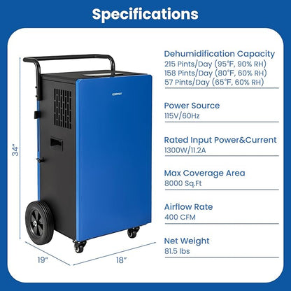 COSTWAY 215 Pint Commercial Dehumidifier, 000 Sq.Ft Industrial Dehumidifier - Image 5